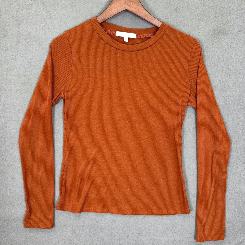 Eri + Ali Ribbed Knit Shirt Women XS Burnt Orange Long Sleeve Crew Neck Pullover